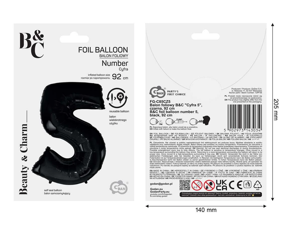 Balon foliowy B&C Cyfra 5 czarna, 92 cm AA